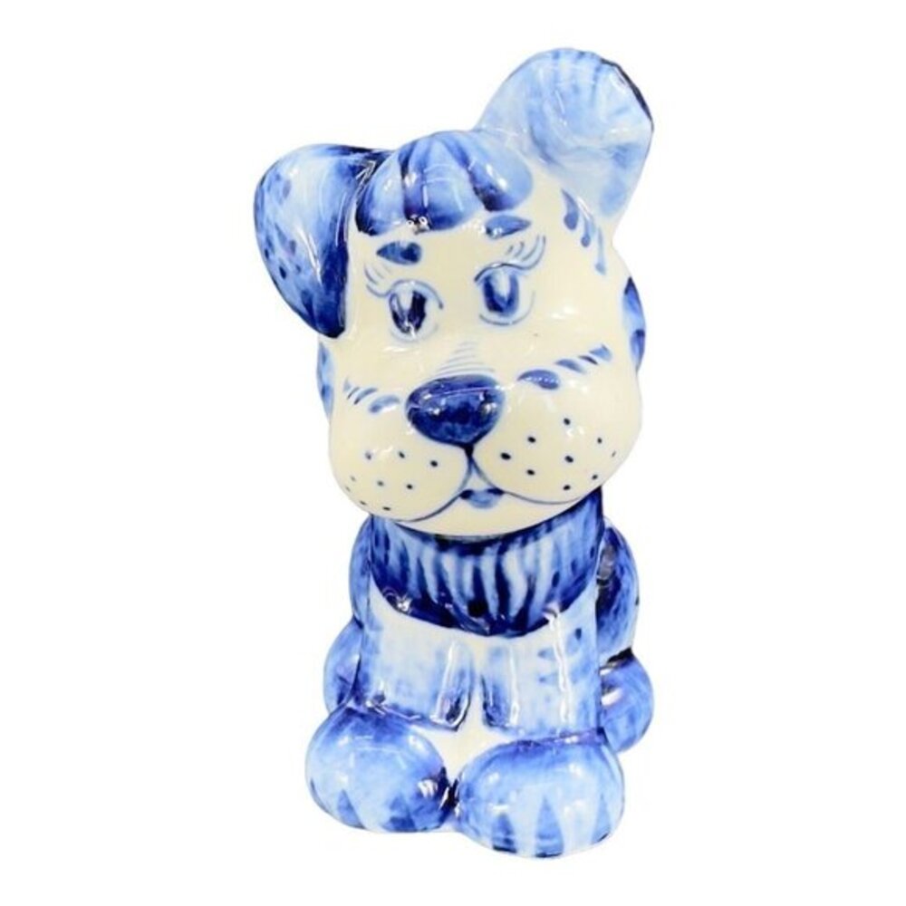 Gzhel Porcelain Ceramic‎ Dog Figurine Handmade made in Russia Blue White Vintage